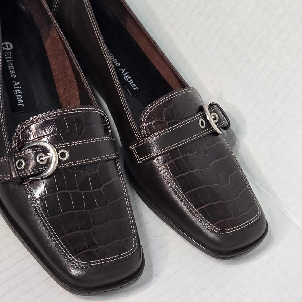 Etienne Aigner Jules Dark Brown Leather Croc Embossed Buckle Loafers 6M - Picture 2 of 10